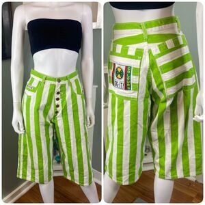 Vintage 90s Cross Colours Striped Green Baggy Long Awning Shorts Pants Jeans 26”
